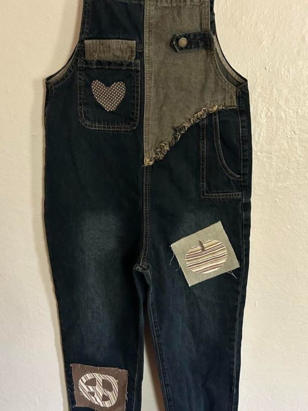 Vintage denim overalls reworked with contrasting denim panels and patches